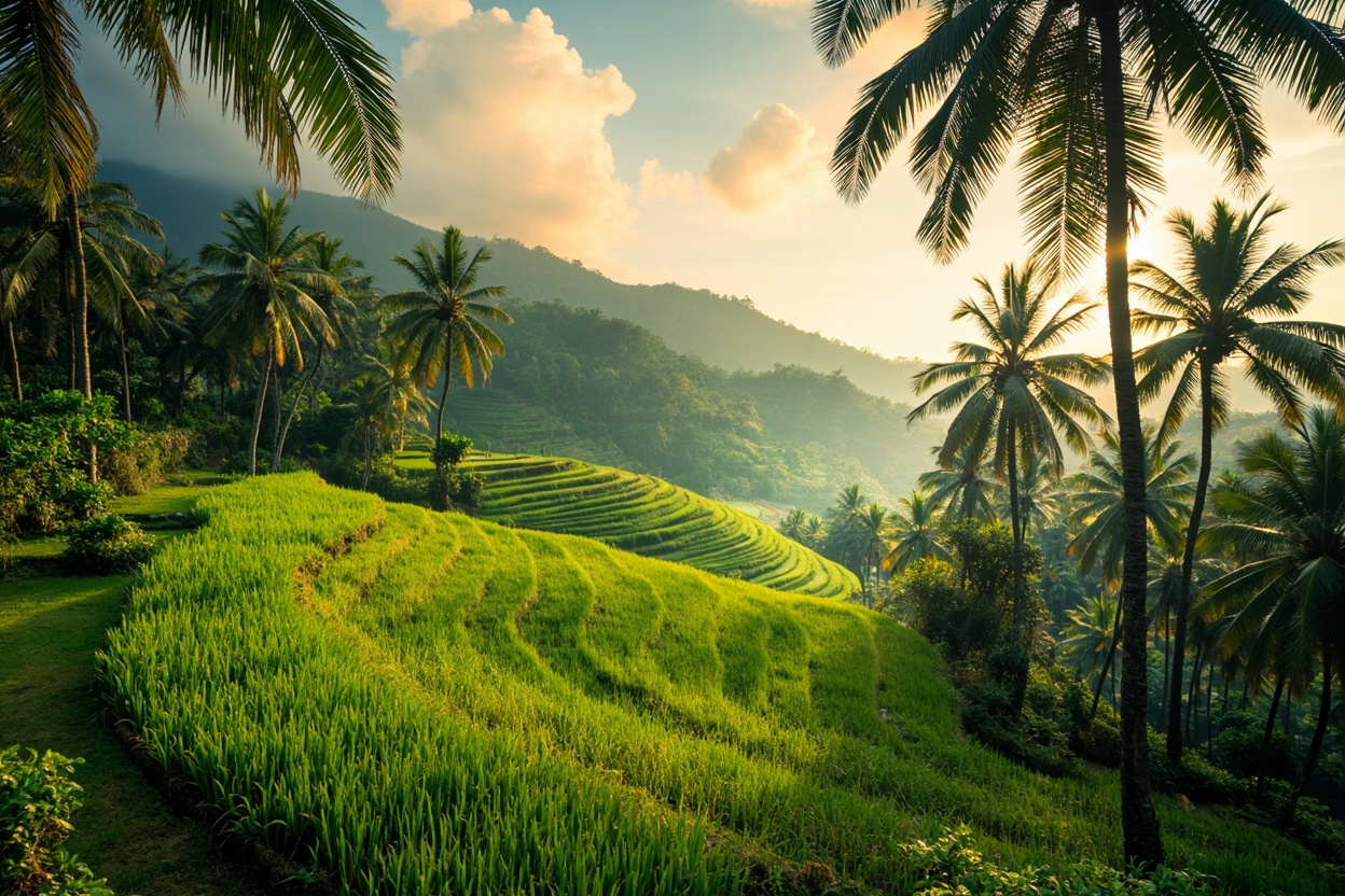 Bali rice terraces framed by coconut palms in late-afternoon light