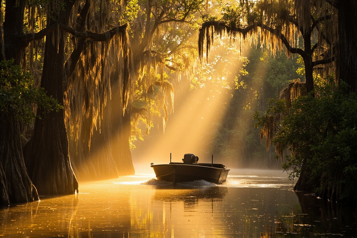 A flat-bottom boat on a cypress bayou with Spanish moss and sunbeams through the mist