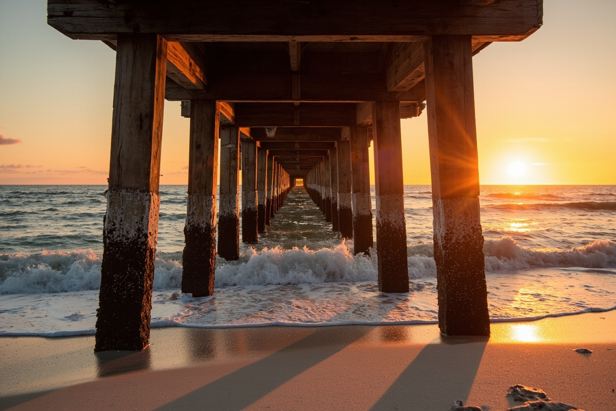 A wooden fishing pier on the Gulf coast at sunset, seen from underneath with the sun between the pilings