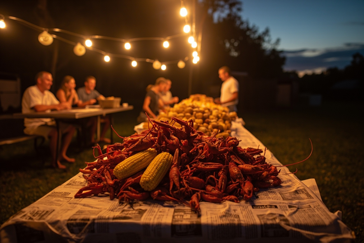 A long table at dusk covered with boiled crawfish, corn and potatoes under string lights, with friends at the far end