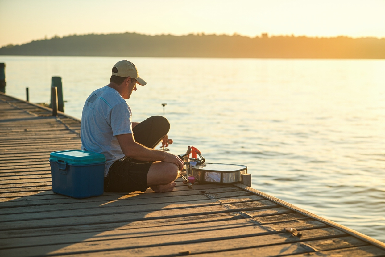 A man fishing from a wooden dock on a calm bay in soft golden light, with a cooler and tackle box beside him