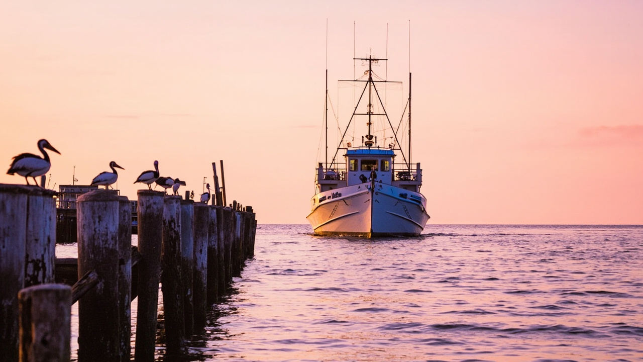 A shrimp trawler heading out at dawn under a pink sky, with pelicans on weathered pilings