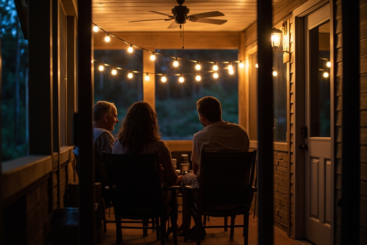 Three friends seen from behind on a screened porch at night under string lights and a ceiling fan