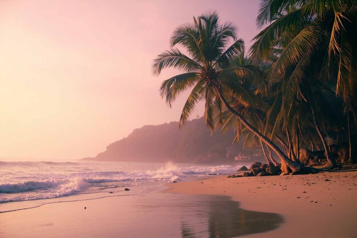 A hazy tropical cove with palms leaning over a quiet beach in soft morning light