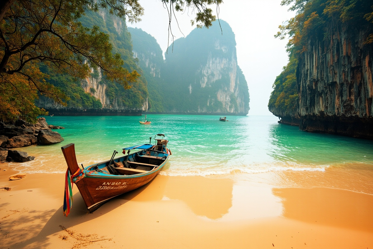 A longtail boat on a Krabi beach with limestone cliffs and turquoise water