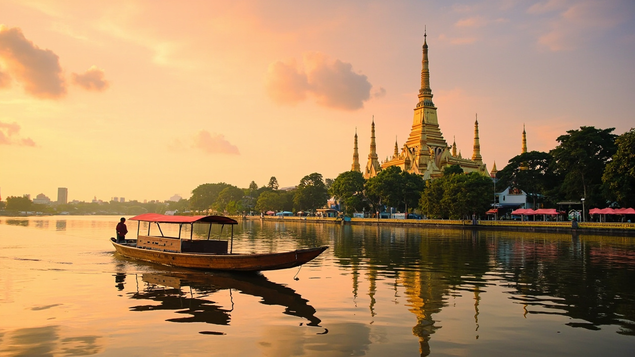 A wooden river boat on the Chao Phraya at sunset with a gold temple and green riverbank, mirrored in calm water