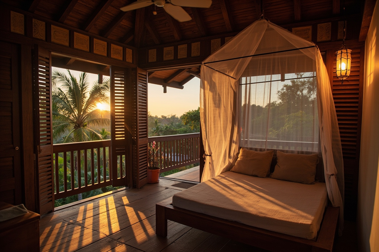 Open-air wooden guesthouse veranda with a daybed under a white mosquito net and palm trees beyond