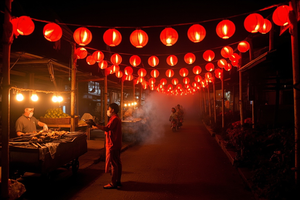 Thailand guide: Red paper lanterns glowing over a night market lane in northern Thailand, with a vendor grilling skewers