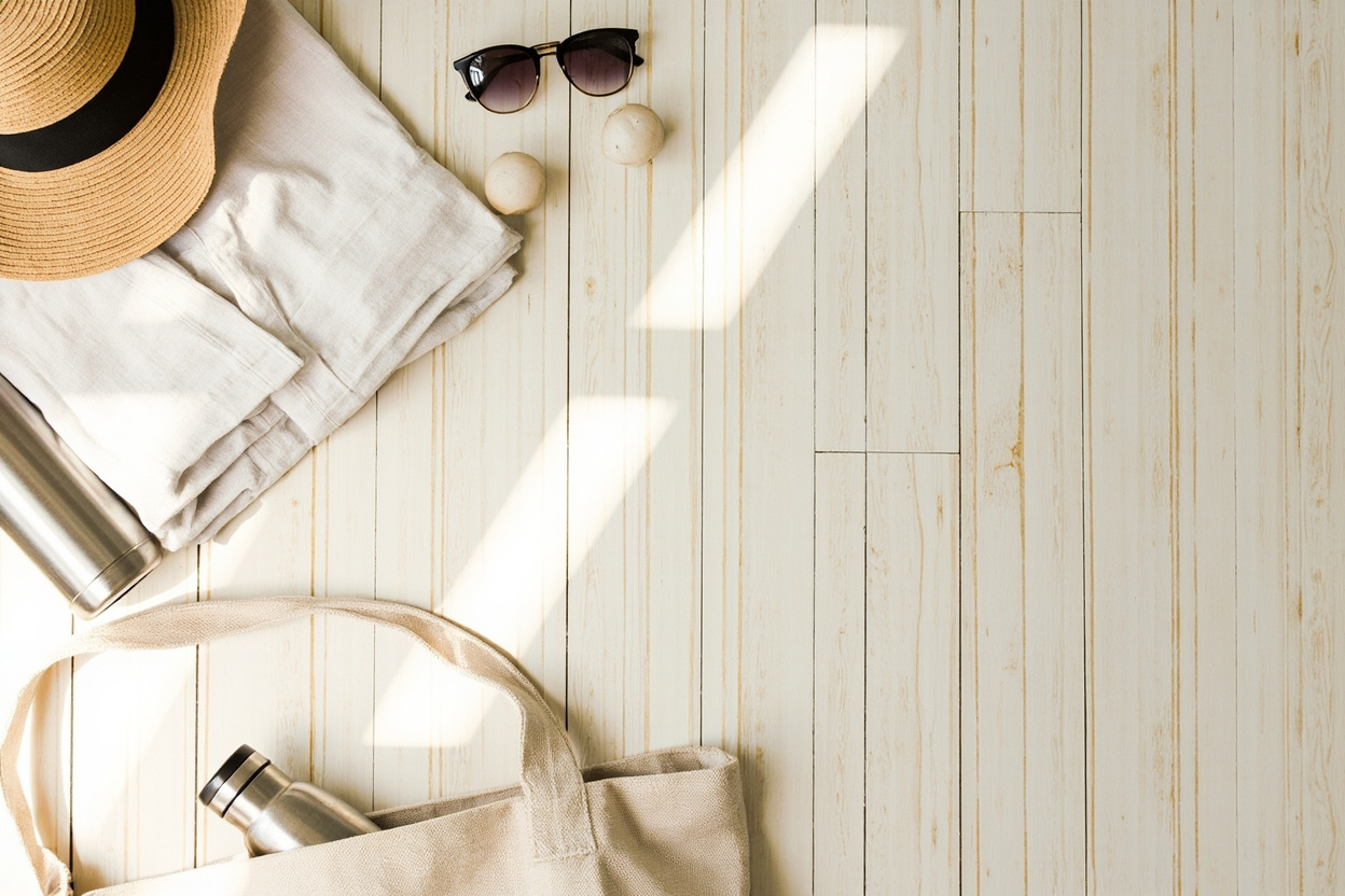 Flat lay of travel essentials on pale wood: a straw sun hat, folded linen shirt, sunglasses, steel water bottle and a canvas tote bag