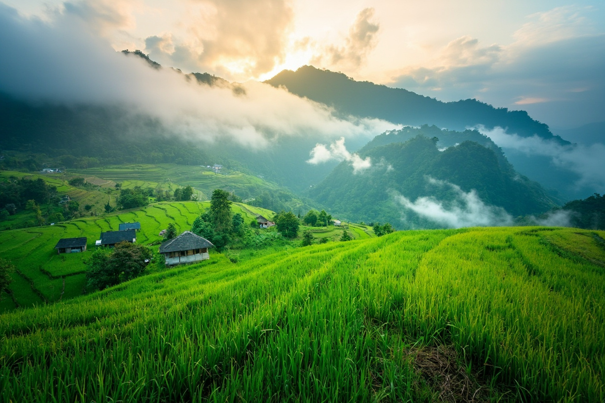 Green rice terraces and small huts near Chiang Mai, with morning cloud among the mountains