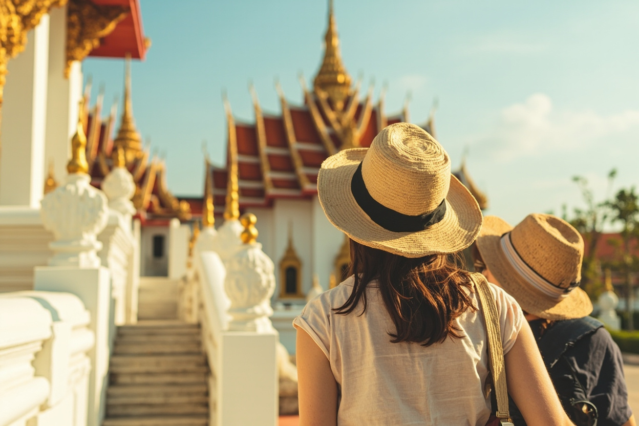 Two travelers in sun hats, seen from behind, looking up at an ornate white and gold Thai temple