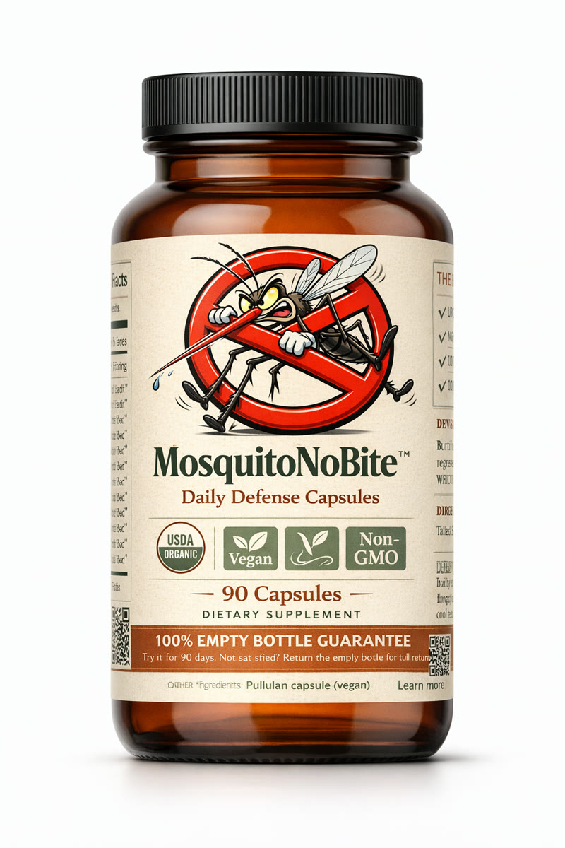 MosquitoNoBite Daily Defense Capsules, amber bottle with the mosquito-prohibited label